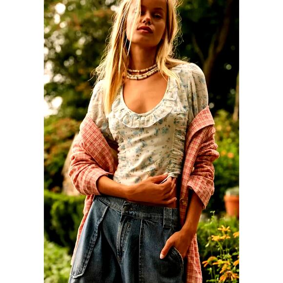 Free People Another Life Top White Combo Blue Floral Print L - Picture 1 of 16